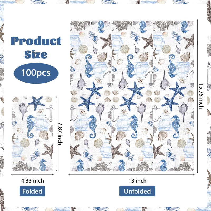 100 Pcs Coastal Nautical Paper Napkins 3 Ply Sea Starfish