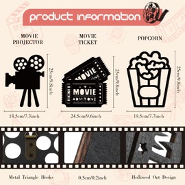 Yookeer 3 Pieces Home Movie Theater Room Decor Cinema Wall Art Wooden Reel Wall Sign Home Theater Action Sign Cinema Movie Film Wall Decoration(11.5 Inch, 7.28 Inch, 7.68 Inch,Stylish Style)
