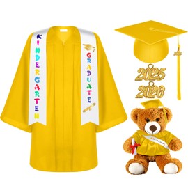 Silkfly 7 Pcs Unisex Matte 2024 Kindergarten Preschool Graduation Gown and Cap with Tassel Sash Plush Stuffed Bear Sets(Yellow, 27)