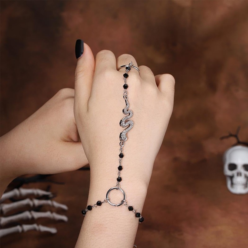 Obmyec Snake Finger Ring Bracelets Crystal Hand Harness Bracelet Black