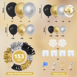 Amandir 153pcs Black and Gold Balloons Arch Garland Kit Different Sizes 18 12 10 5inch Silver Latex Metallic Confetti Balloons for Happy New Years Decorations 2025 Birthday New Year Eve Party Supplies