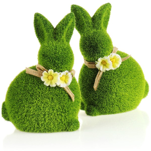 Com-Four® Decorative figures, green ceramic Easter figures, with moss like artificial grass, Easter decoration