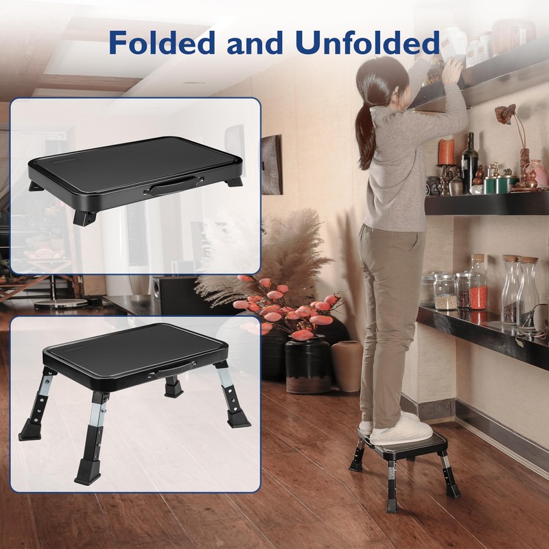 BONTEC Folding Step Stool, 3-Level Adjustable Metal Step Stool with