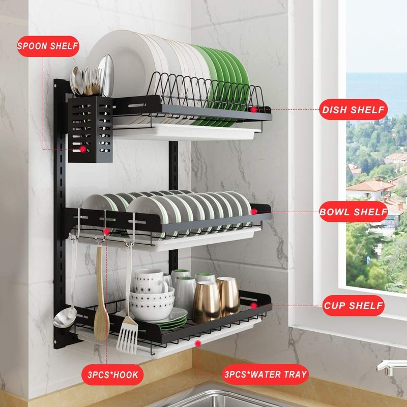 junyuan Hanging Dish Drying Rack Wall Mount,Dish Racks Drainer,3 Tier