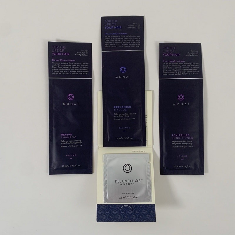 Monat Sample Kit Set Shampoo Conditioner Rejuveniqe Oil Replenish Masque