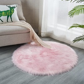 Soft Faux Sheepskin Fur Rug Fluffy Faux Fur Area Rug Round Floor Mat Luxury Carpet Chair Cover Seat Pad for Holiday Chistmas Tree Skirt Shaggy Rug Bedroom Sofa Living Room (90cm, Pink)
