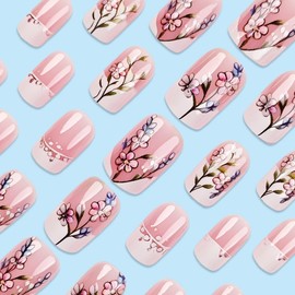 Round Short Press on Nails White French Tip Fake Nails with Natural Flower Designs Spring False Nails Reusable Glue on Nails Floral Stick on Nails Short Square Acrylic Nails Kit for Women Girls 24PCS