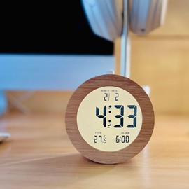 Table Clock, Alarm Clock, Digital Clock, Wooden, Natural Calendar, Temperature Display, Cute, Round, Square, Bedside, Bedroom, Quiet (Round)
