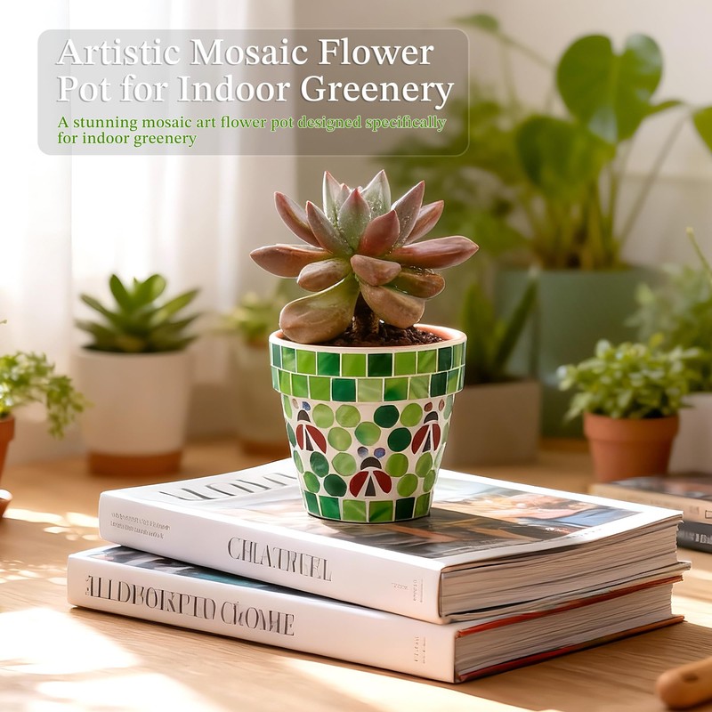 VOREEN Mosaic Terracotta Flower Pot with Ladybug Design, Drainage Hole,