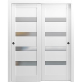 SARTODOORS Sliding Closet Bypass Doors | Quadro 4113 White Silk with Frosted Opaque Glass | Sample of Color