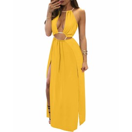 BIUBIU Women's Sexy Boho Floral Halter Summer Maxi Dress Beach Party Split Cover Up Swimsuit Outfit 2024 (Yellow,L)