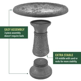 Arcadia Garden Products BB05 Fiberclay Bird Bath Outdoor Garden Decor, Antique Vintage Weather Resistant Water Bowl for Backyard and Patio and, 20-inch Tall, Black