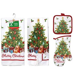 Greenbrier Beautiful Christmas Tree with Gold Accents Merry Christmas 5 Piece Kitchen Set (1) Oven Mitt, (2) Pot Holders, and (2) Towels