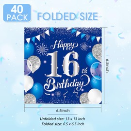 40 servilletas de cumpleaños, dulces 16 servilletas para niños y niñas desechables, suministros de decoración de fiesta temática feliz (azul y plateado)