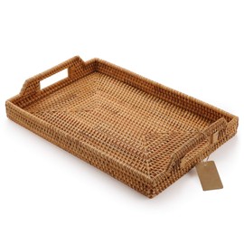 Hand-Woven Rattan Rectangular Serving Tray with Handles for Breakfast, Drinks, Snack for Coffee Table (17x11.4x1.8inches)