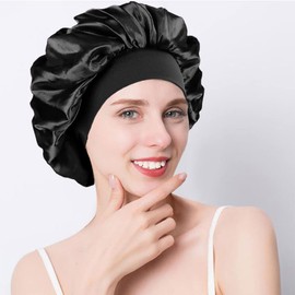 2PCS Silk Hair Bonnet for Sleeping, Soft Elastic Band Satin Bonnets for Women, Colorful Satin Bonnet for Curly Hair, Breathable Silk Bonnet for Locs Silk Sleep Cap (Black+Purple)
