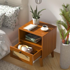 Ryvorbe Modern Rattan Nightstand Wood Side Table with Natural Rattan Drawer- Boho Nightstand with Solid Wood Legs for Bedroom, Living Room and Small Spaces