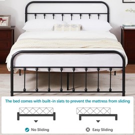 VECELO Black Victorian Style Metal Bed Frame with Headboard/Mattress Foundation/No Box Spring Needed/Under Bed Storage and Strong Slat Support King Size