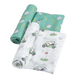 LollyBanks Swaddle Blanket 100% Cotton, 2 Pack Muslin Swaddle Blankets, 47 x 47 inches Swaddles for Boys and Girls, Lightweight Baby Blanket, Baby Essentials, Registry (Golf Print)