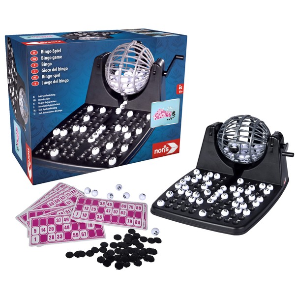 Noris 606150493 Bingo Drum with Chips, 90 Balls and 12 Bingo Cards, Action Game for the Whole Family, for Children from 6 Years