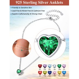 Silver Anklets for Ladies, Dainty Silver May Birthstone Anklet Bracelet Lightweight Hypoallergenic, Woman's Ankle Bracelet 8.6"+2"inches