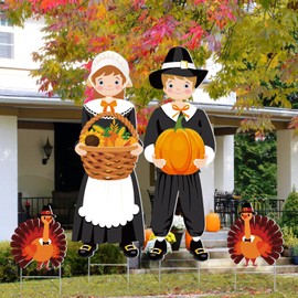 Geetery 4 Pieces Fall Yard Decorations Outdoor Thanksgiving Pilgrim Yard Decorations with Stakes Thanksgiving Pilgrim Boy and Girl Yard Sign Pumpkin Turkey Harvest Yard Stake for Autumn Lawn Supplies