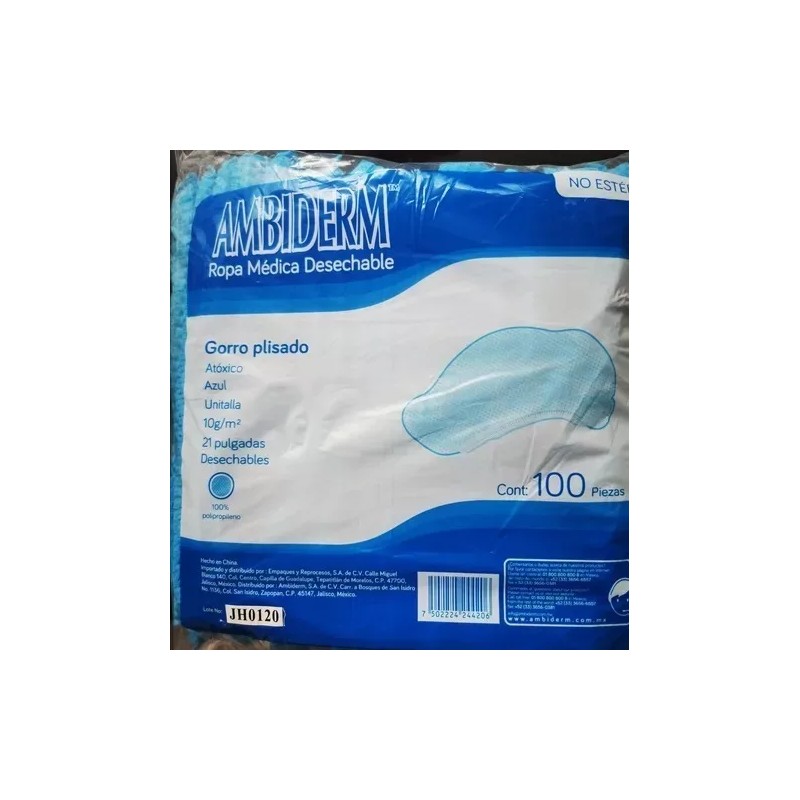 Ambiderm Gorro Plisado Ambiderm, 100 Piezas, Azul