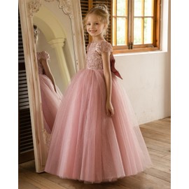 JISISANG Baby Blue Flower Girls Lace Tulle Tutu Dress for Girls Long A Line Wedding Pageant Dresses Princess Birthday Party Dresses with Bow-Knot Cap Sleeves Baptism Dress Baby Blue 02