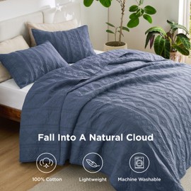 Bedsure 100% Cotton Quilt Set - Lightweight Queen Bedspread, Navy Blue Cozy Bedding Coverlet 3-Piece with Pillow Shams in Geometric Pattern for All Season, 90x96 inches, 100% Cotton Voile