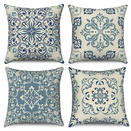 Hnmdmyi Boho Cushion Covers 45 x 45 cm Set of 4, Blue Vintage Geometric Mandala Floral Decorative Throw Pillow Covers Linen Square Pillowcases for Sofa Couch Bed Garden Outdoor Home Decor