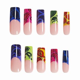 MERVF Long Square Press on Nails Colorful French Tip Fake Nails Goth Glue ons Squoval Weird Print Acrylic Nail Gyaru Manicure Supplies Art DIY Glossy 24pcs
