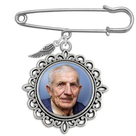 Memorial Wedding Bouquet Photo Charm Pin or Grooms Boutonniere Pin Photo Memory Charm Brooch Keepsake with Guardian Angel Wing Charm Add Your Own Picture