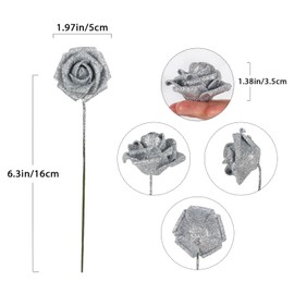 IPOPU 50pcs Silver Glitter Roses Artificial Flowers 1.97" Silver Glitter Foam Fake Roses with Stems for Centerpiece Table Decorations Wedding DIY Party Bridal Baby Shower Floral Arrangements