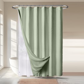 River Dream 3 in 1 Shower Curtain Set, Extra Long Waffle Fabric Shower Curtain and Waterproof Clear Liner Set with Double Sided Metal Hooks, Sage Green, 72" W*84" H