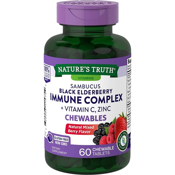 Elderberry Immune Support | 60 Chewable Tablets | with Vitamin C and Zinc | Non GMO and Gluten Free Complex | Mixed Berry Flavor | by Nature's Truth