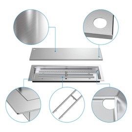 Skyflame Rectangular Stainless Steel Drop-in Fire Pit Pan and Burner with Burner Cover, 24 by 8 Inch Burning Area
