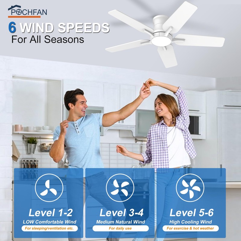 POCHFAN 42 Inch White Ceiling Fans with Lights and Remote,