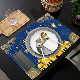 1pcs Ramadan Kareem Table Runner with 4pcs Table Mats Ramadan Mubarak Table Decorations Eid Mubarak Holiday Calstel Star Moon Lantern Table Decorations for Home Dining Room Kitchen Decor