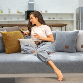 VanderHOME Sofa Cover 1 2 3 4 Seater, Lambswool Couch Cover,Universal Non-Slip Corner Sofa Cover L Shape Super Soft Autumn Winter Sofa Slipcovers for Living Room 70 * 180cm-Grey-Backrest (1 PC)