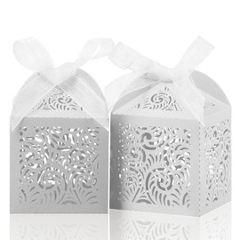 COTOPHER 60Pcs Laser Cut Favor Boxes, 2x2x2.75in Small Gift Boxes for Presents, Party Wedding Favors Boxes with Ribbon, Mini Candy Boxes for Event Bridal Shower Anniversary Birthday Christmas, White