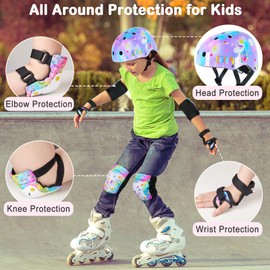 FIODAY Kids Bike Helmet, Toddler Helmet Knee and Elbow Pads Wrist Guards Adjustable Protective Gear Set with DIY Sticker for Girls 3-5-8 Years for Skateboard Inline Skating Scooter