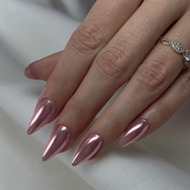 Mirror Metal Pink Press on Nails Almond Shaped Chrome Glazed Medium Almond Nails Press on Bling Shiny Plating Nails Acrylic Nails Reusable Fake Nails for Women Stiletto Glue on Nails Medium Length