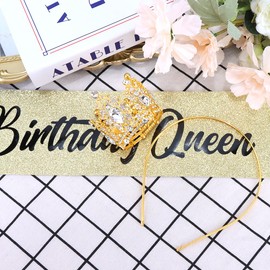 Birthday Queen Sash for Women Tiara & Crowns Headbands for Girls Happy Birthday Party Accessories Favor Supllies Leona Black Gold Pink, 2 Pack