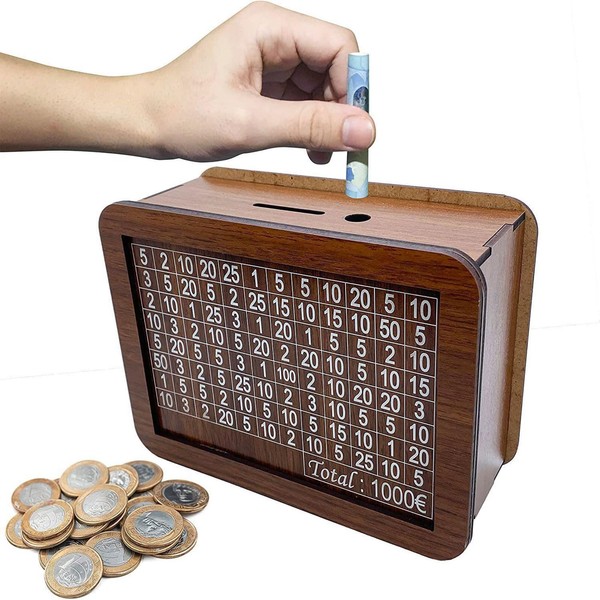 SansRealmL Vintage Wooden Money Box, Reusable Money Box with Savings Goals and Numbers to Check, Helps Children and Adults to Get Used to (€1000)