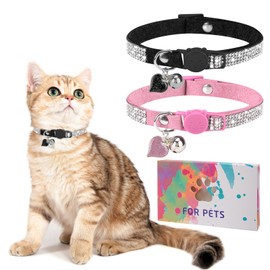 DILLYBUD Rhinestone Cat Collar Breakaway with Bell, Diamond Cat Collar with Safety Buckle Quick Release for Girl Boy Small Kitten Pets Puppy,Cute Soft Female Male Cat Collars, Color Pink & Black 7-9"
