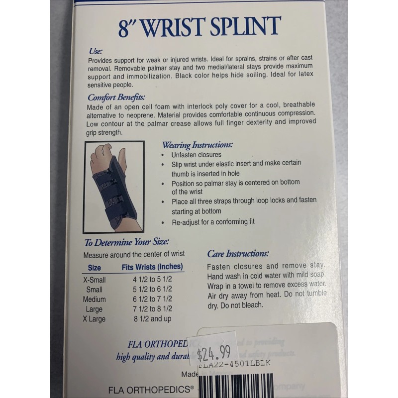 FLA Pro-Lite 8" Wrist Splint Black Right Hand XL