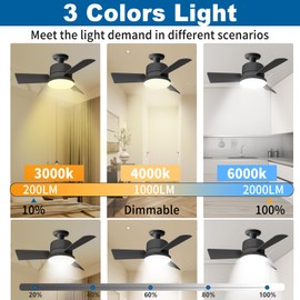 Aokvi Socket Fan Light with Remote，6 Speeds 3 Colors 3000K-6500K Socket Fan Ceiling Fan with Light，17 inch Light Bulb Ceiling Fan Small Socket for Bedroom, Kitchen, Living Room(Black)