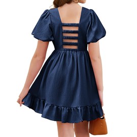 Arshiner Girls Summer Cut-Out Back A-Line Dress Puff Sleeves Square Neckline Flounce Hem Dresses Navy Blue 10-11Y