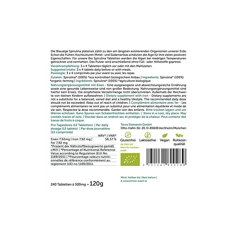 Terra Elements Organic Spirulina Tablets (500 mg, Pack of 240)
