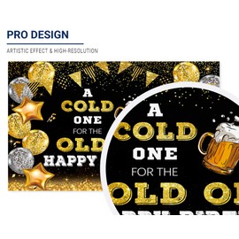 Allenjoy 70.8" x 43.3" Happy Birthday Backdrop for Men A Cold One for The Old One Black and Gold Photography Background 30th 40th 50th Bday Beer Party Decoration Banner Supplies Photo Booth Props